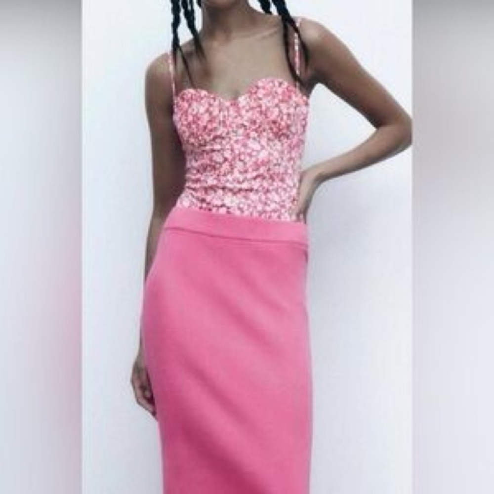 NWT ZARA Pink & White Floral Corset Bodysuit | Sweetheart Neckline | Size Small